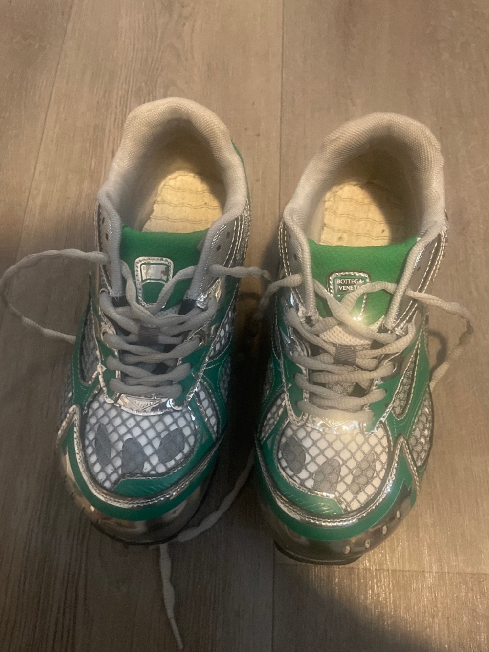 green and silver bottega venetas